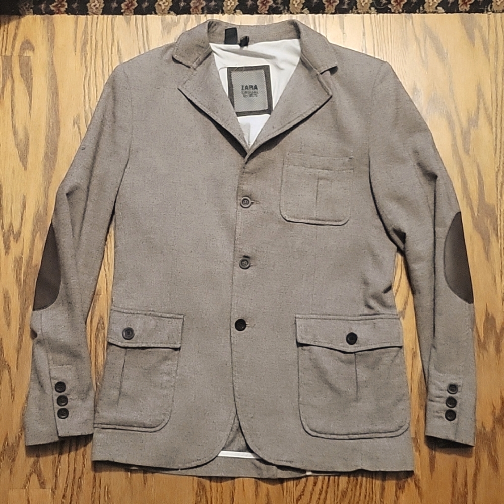 Zara Men's Light Gray Sport Coat with Dark Elbow Patches